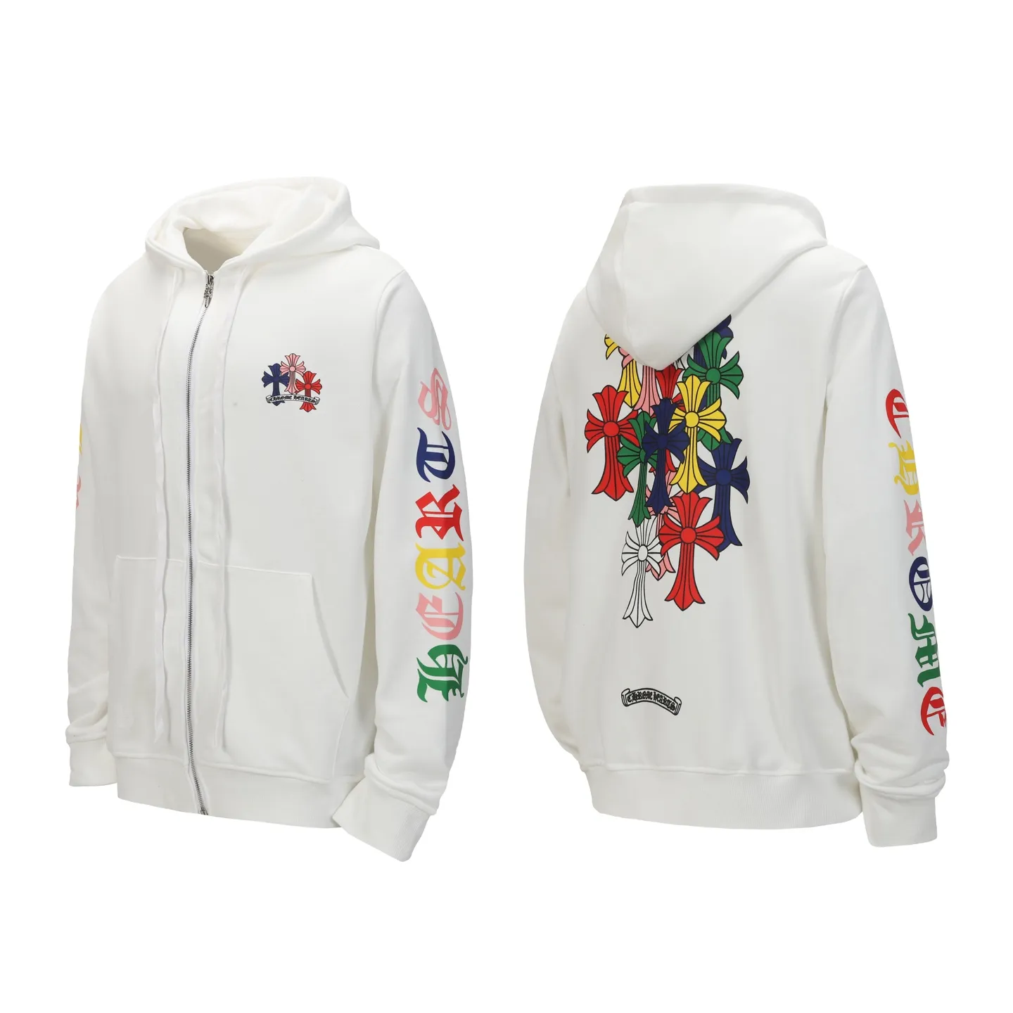 P250 cross-border model, please do not place an order if you are pursuing quality - Chrome Hearts/Chrome Hearts Colorful Cross ✝️ Printed zipper sweatshirt cardigan jacket - High weight, high density and high quality. The wool is soft, delicate and skin-friendly. It feels soft and silky. It has excellent warmth and skin-friendly properties - Custom-woven and dyed, no color difference. No matter the fabric or workmanship details, it beats the ordinary version on the market - Hardware zipper accessories are all customized, full of details - Color: black white -Size: S M L XL